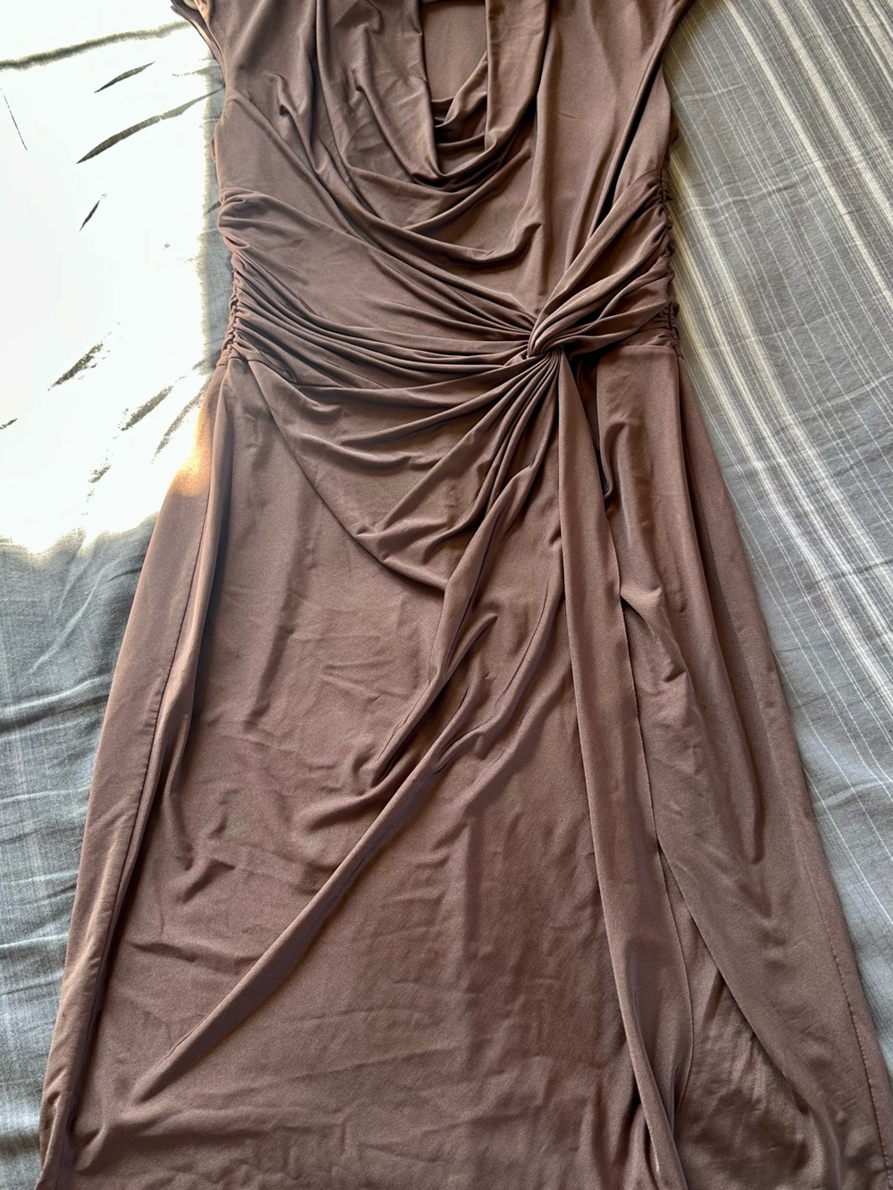 Maggy London Brown Cowl Neck Ruched Maxi Dress